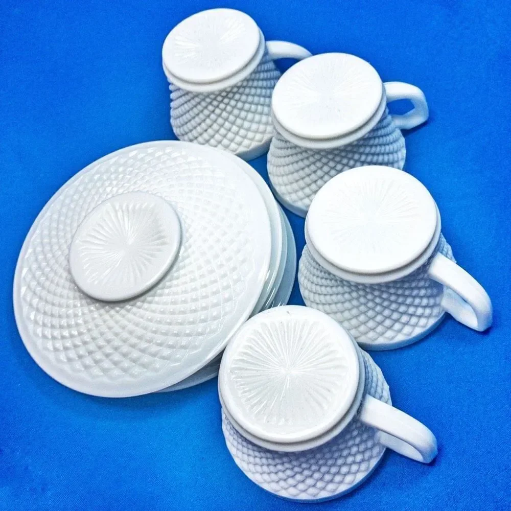 VTG Westmorland English Hobnail Milk Glass Cup & Saucer -Service for 4